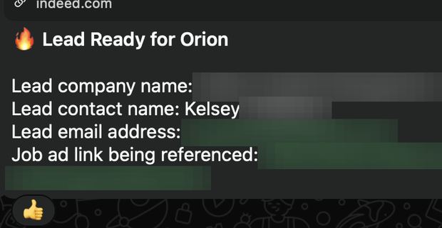 Positive reply notification from a live IronPeak campaign; identifying details redacted