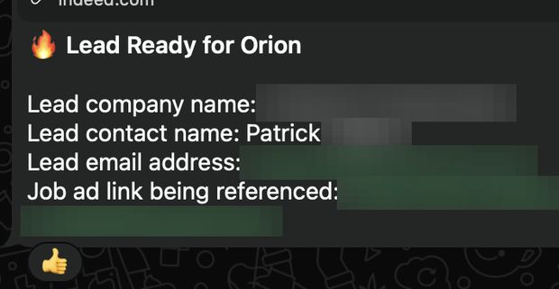 Positive reply notification from a live IronPeak campaign; identifying details redacted